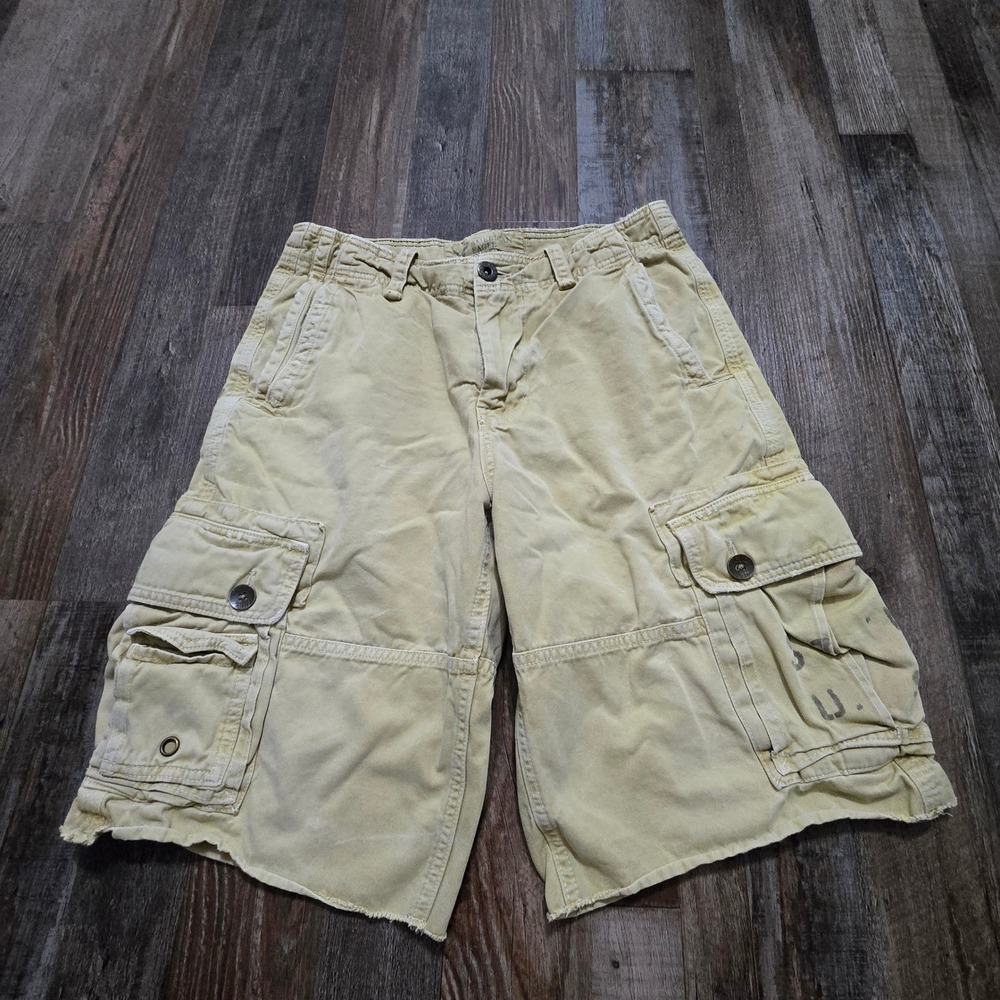 American Eagle Cargo Shorts Mens 31 Tan Longer Length Rugged‎ Stencil Utility